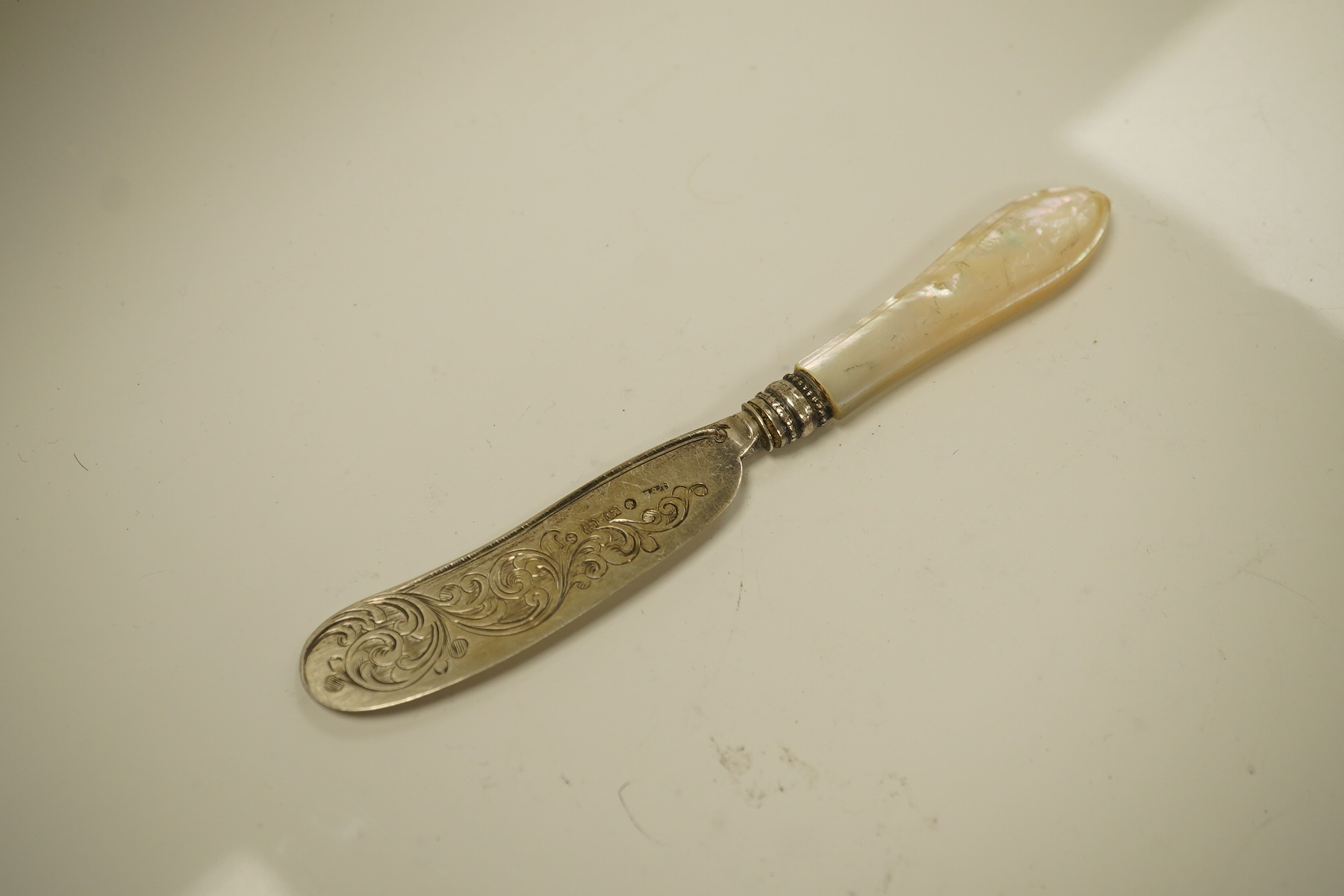 Two Victorian mother of pearl handled butter knives and a Victorian Scottish silver fiddle pattern basting spoon. Condition - fair